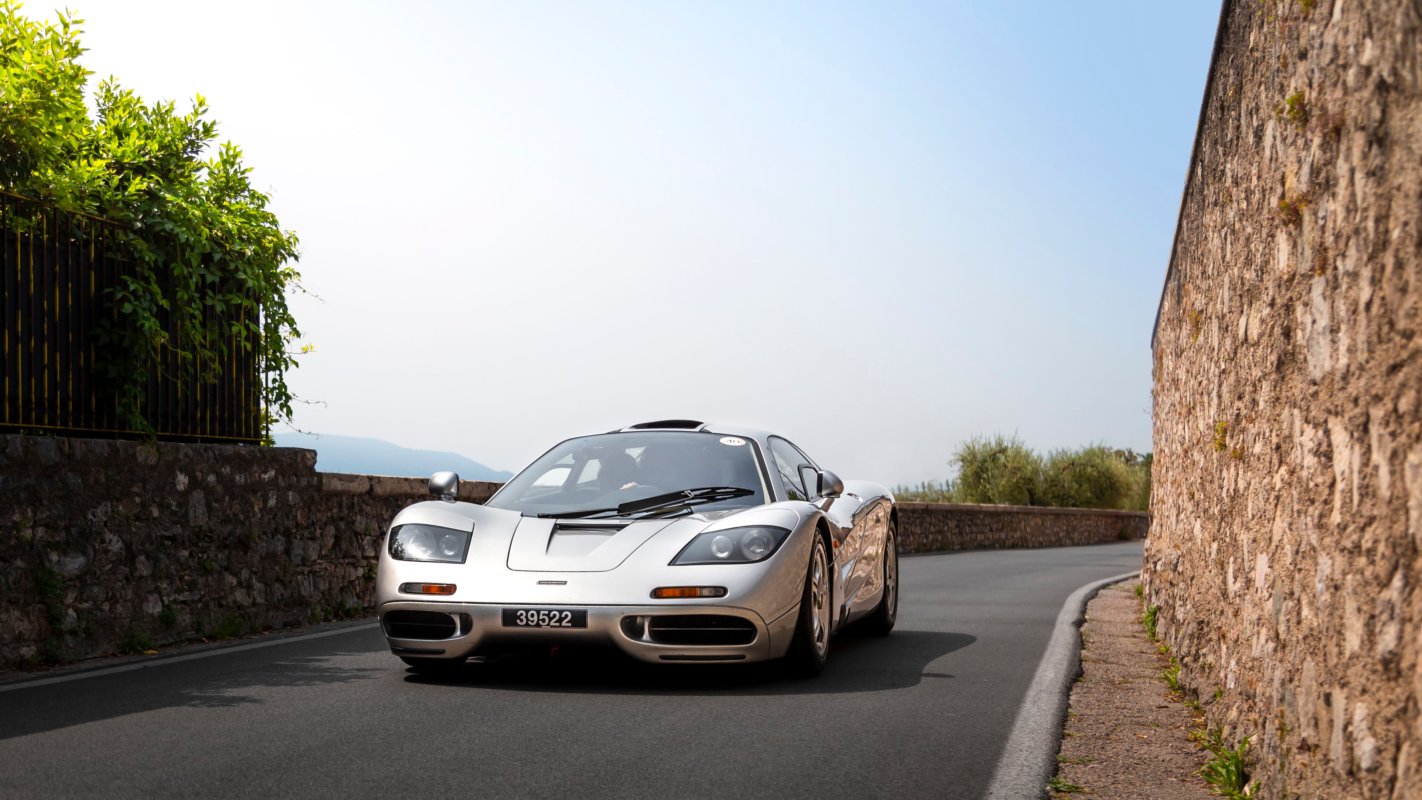 McLaren F1 front view, silver, parked